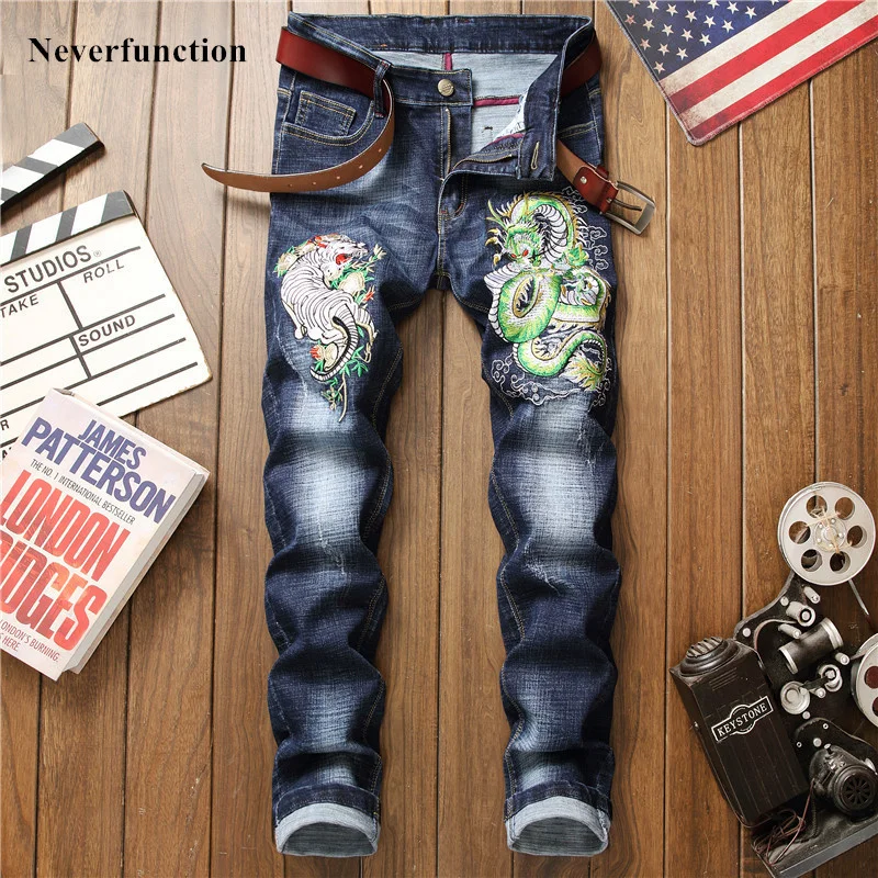 

New four Seasons Men Hip hop Dragon tiger embroidery Slim fit Jeans Trousers high quality Man Cotton Stretch Casual denim pants