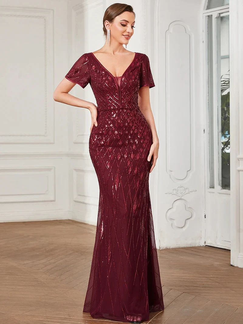 

Elegant Evening Dresses Short Sleeve V-Neck Mermaid Floor-Length Sequin Gown 2023 Ever Pretty of Burgundy Prom Women Dresss