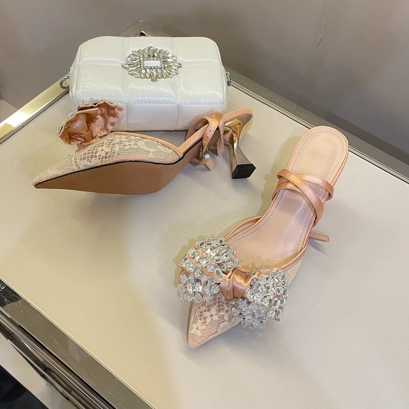 

Summer pointed rhinestone bow stiletto silk sandals wedding shoes banquet dress all-match fashion custom women's single shoes