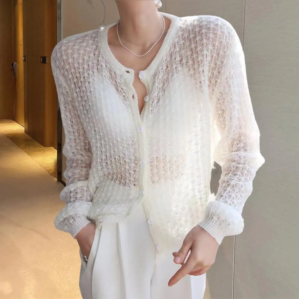 

Sweater Coat Hollow Out Soft Warm Women Pure Color Buttons Closure Spring Autumn Knitted Coat Knitted Coat Daily Clothing