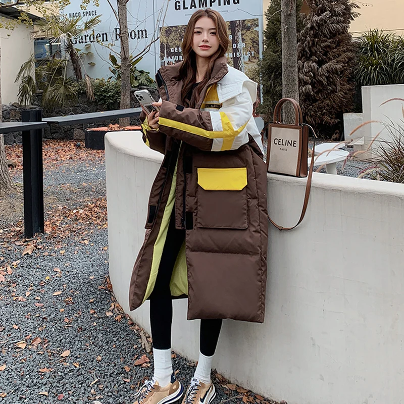 

Женское зимнее пальто, Длинная утепленная Свободная куртка с капюшоном, модная одежда с подкладкой контрастных цветов, 2023