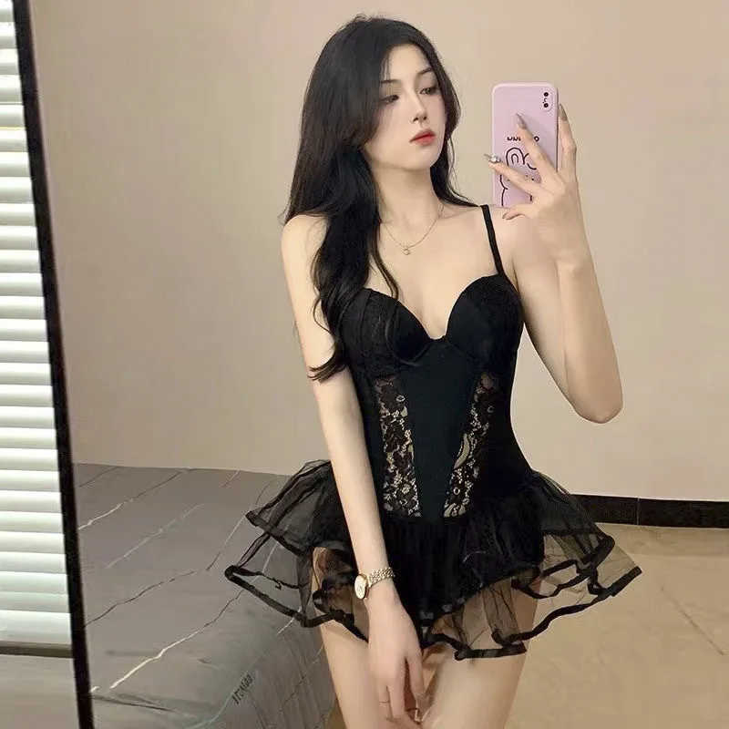 

Korean Gothic One Piece Tankini Swimwear Women Black Halter Hot Monokini Swimsuit Push Up Bathing Suit Sexy Bodysuit