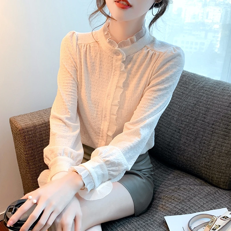 

Autumn Women's Long Sleeved Standing Neck Vintage Lantern Sleeve Solid Color Ruffle Versatile Chiffon Shirt Blusas De Mujer A227
