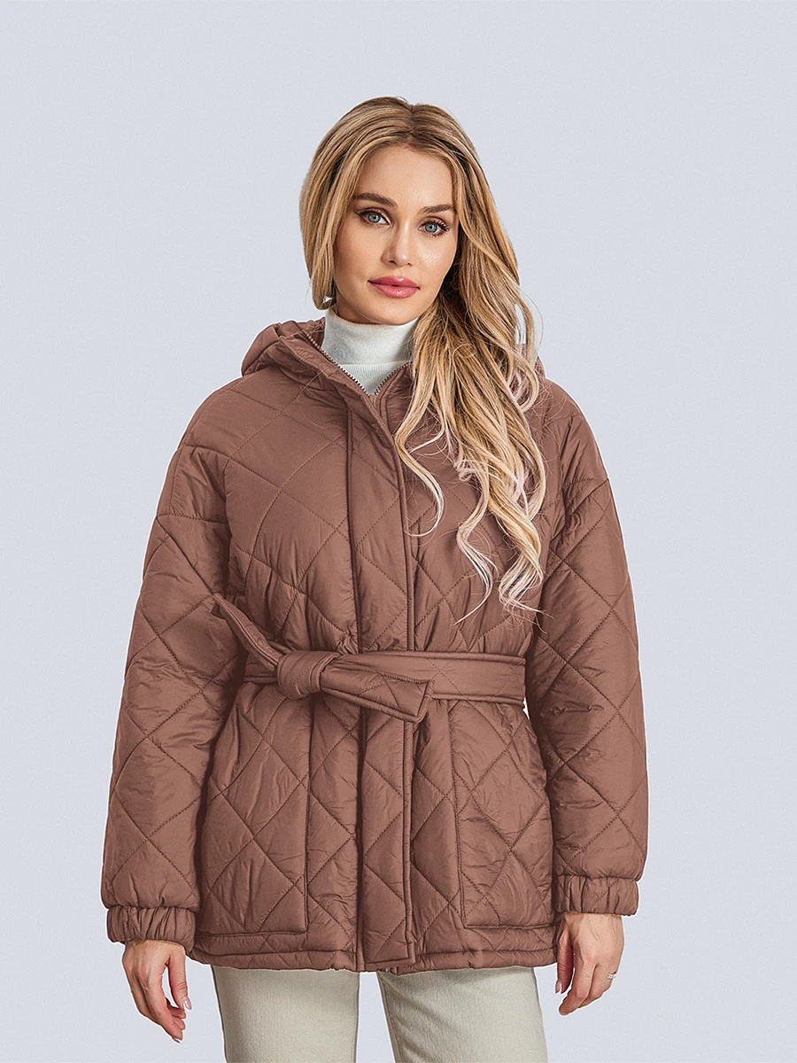 

Пуховик женский зимний с поясом, Теплая стеганая куртка, Повседневная Верхняя одежда на молнии с длинным рукавом и капюшоном, тонкая парка, уличная одежда