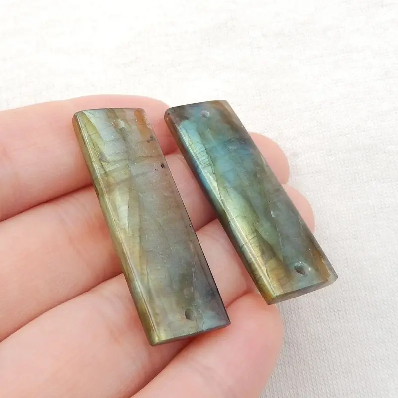 

Hot Sale Natural Stone Flashy Labradorite Fashion Jewelry Double Holes Earring Bead Accessories For Women 38x13x4mm 9g