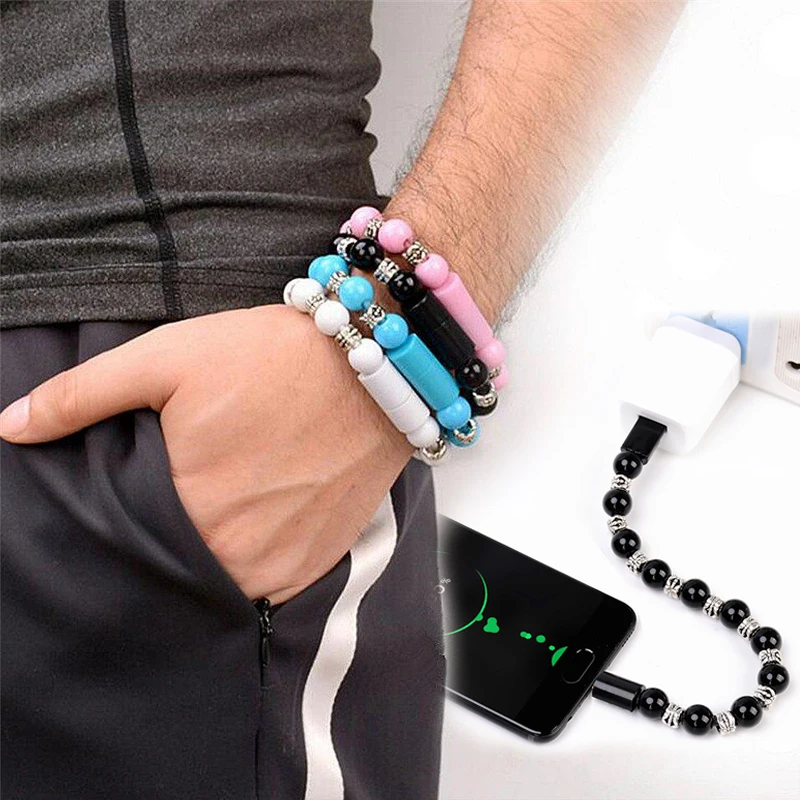 

23.7cm 8 Pin Wristband Mobile Phone Cables Micro USB Type C Data Bead Bracelet Portable Charger for Iphone Cable Short