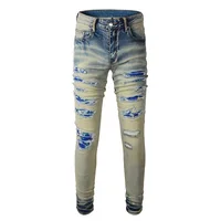 New Mens #A837 Distressed Print Blue Bandana Ripped Patchwork Destroyed Ribs Patches Heavy Washed Slim Stretch Blue Denim Jeans