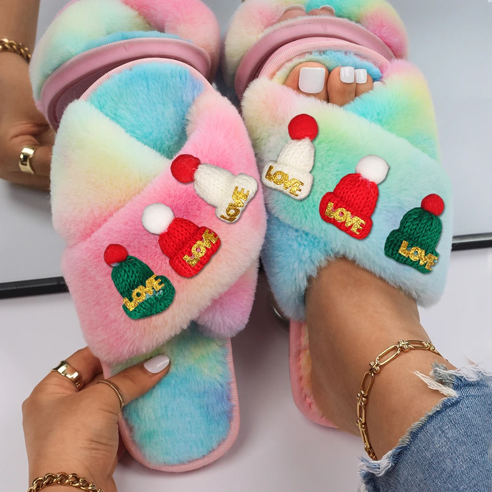 Slippers Women Fluffy Slides Cute Christmas Beanie Sandals Ladies Faux Fur Flip Flops Flat Indoor Slippers Furry Shoes 2022 New