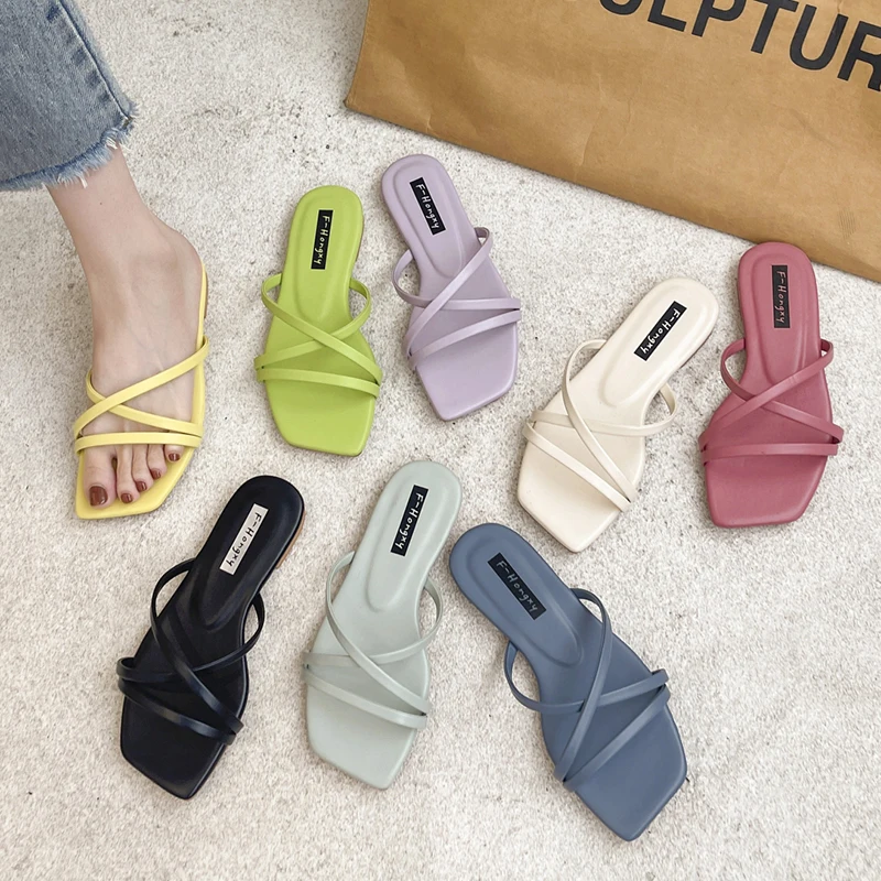 

2022 Summer Colorful Slippers Women Fashion Silp-On Flats Beach Flip Flops Sandals For Women Casual White Blue Pink Shoes Ladies