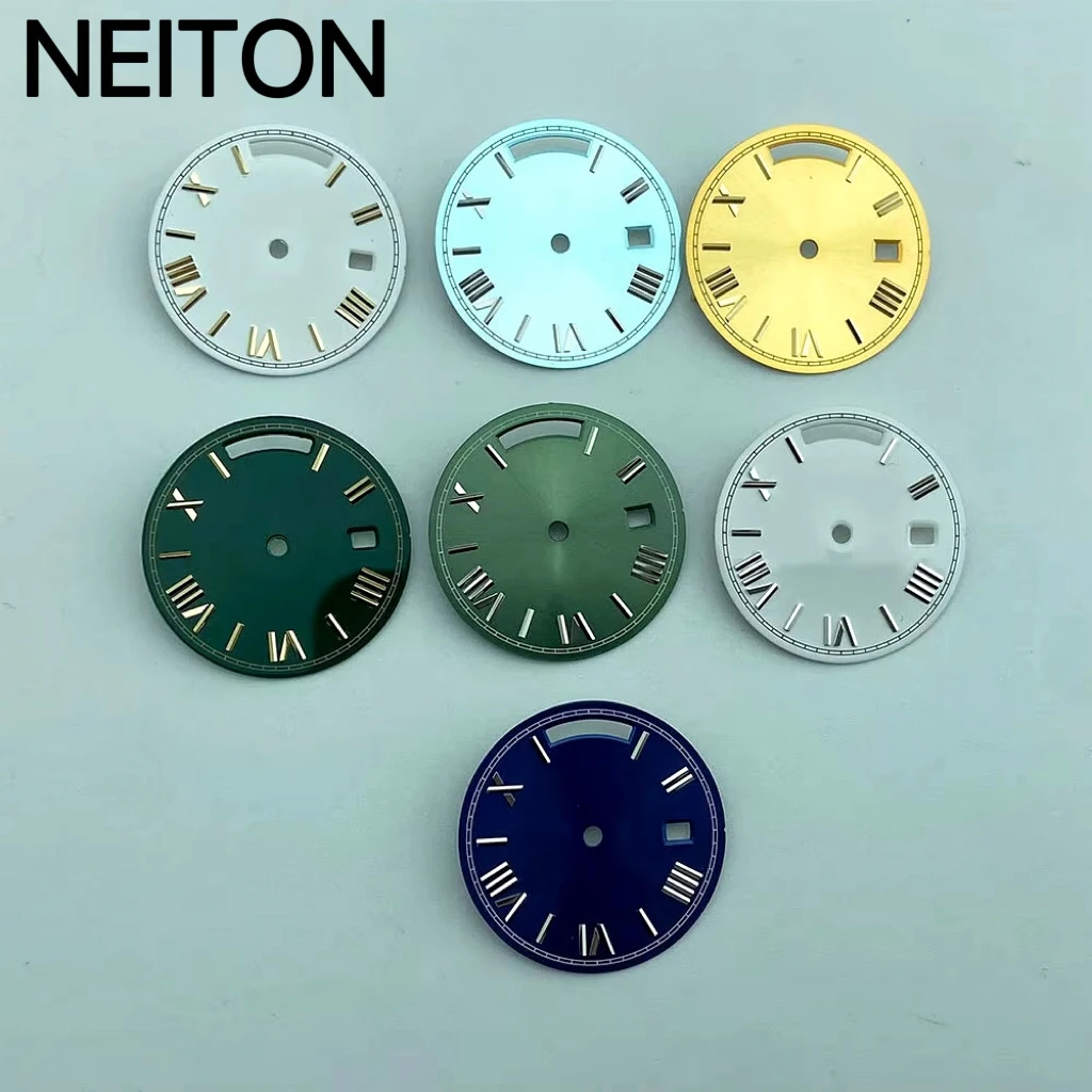 Фото NEITON Зеленый, черный, белый, синий, золотой циферблат для часов 28,5 мм, светящийся логотип/дизайн, подходит для дня и даты, st1644, циферблат для часов с механизмом №1