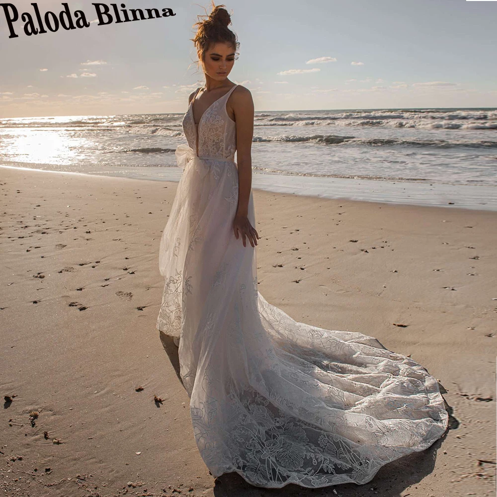 

Paloda Attractive Lace Backless Wedding Gown For Bride Tank sleeveless V-Neck Court Train Tulle A-LINE Appliques Robe De Mariée