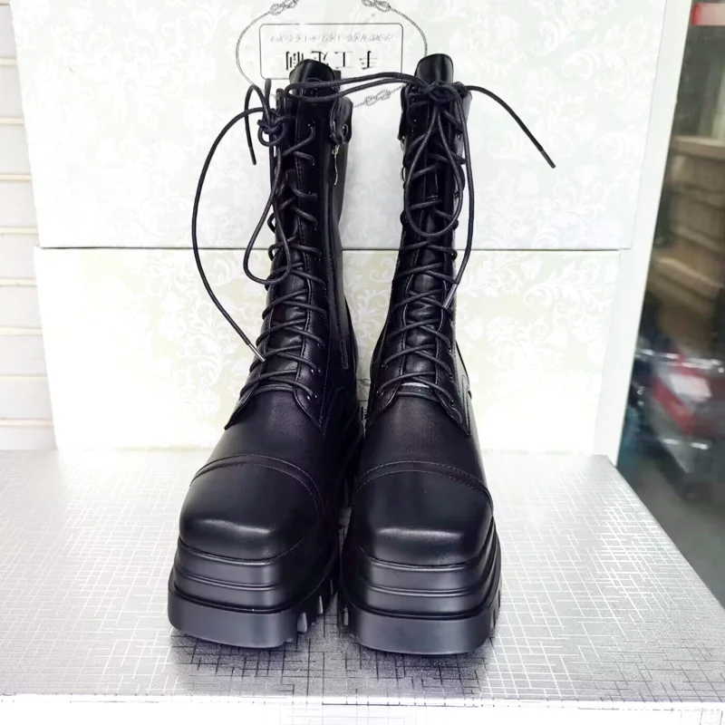 platform ankle boots for women autumn winter combat work biker military boot brand classic lace-up black side zipper woman shoes