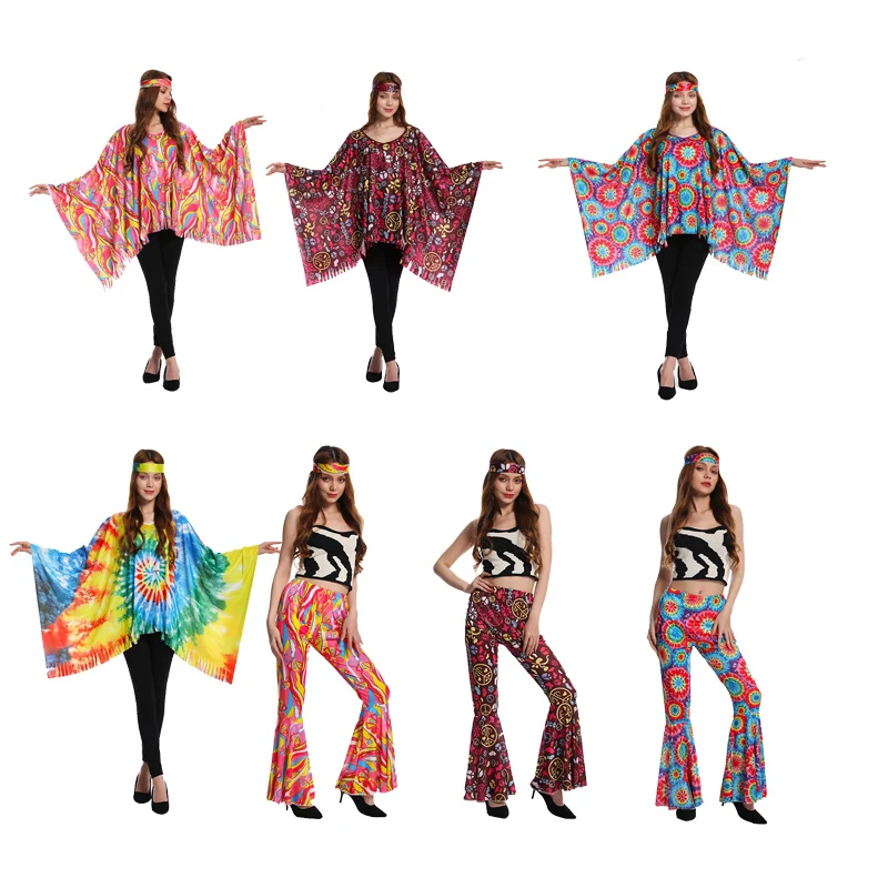 Disfraz de capa Hippie para mujer, pantalón Hippie de los años 60 y 70, vestido de fantasía con flores coloridas para fiesta, Cosplay