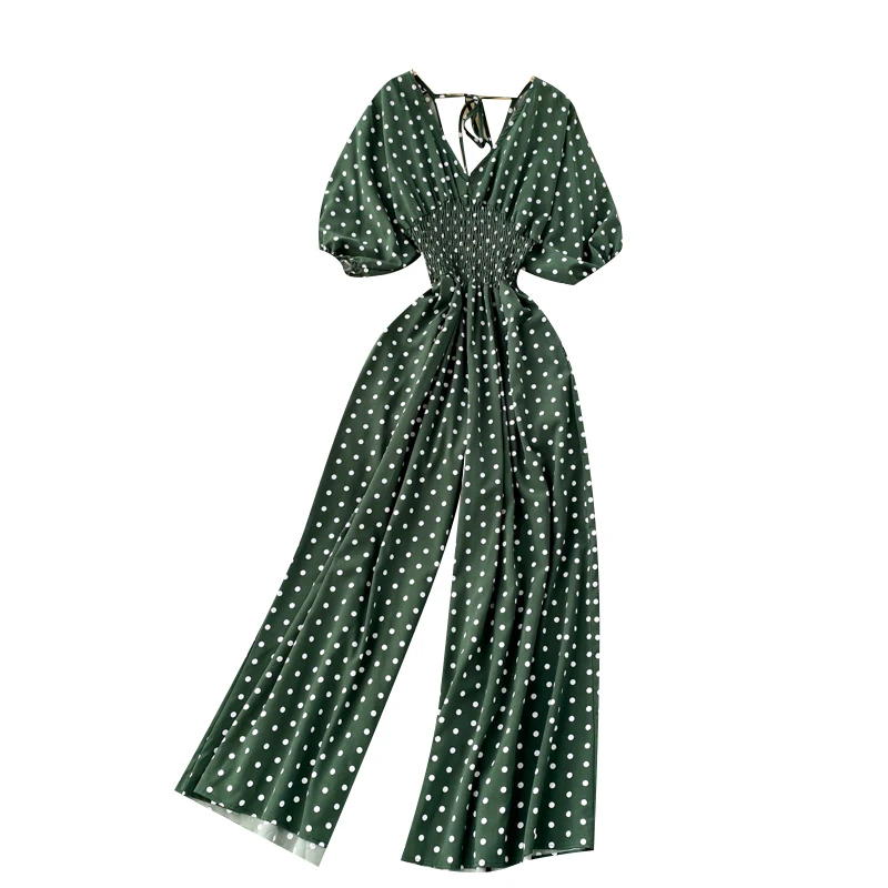 Women Elegant Polka Dot Romper Sexy V-Neck Puff Short Sleeve High Waist Jumpsuit Female Casual Loose Wide Leg Playsuits Fashion