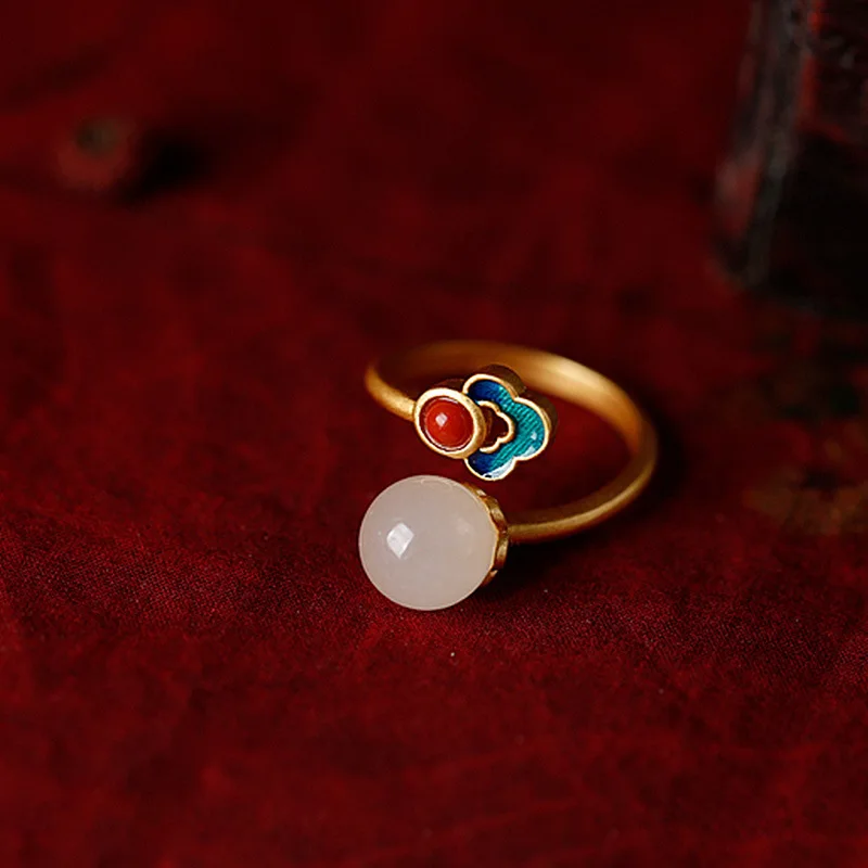 

Chinese Style Enamel Imitation Hotan Jade Stone Opening Ring for Women Elegant Art Vintage Nation Jewelry Wedding Accessoires