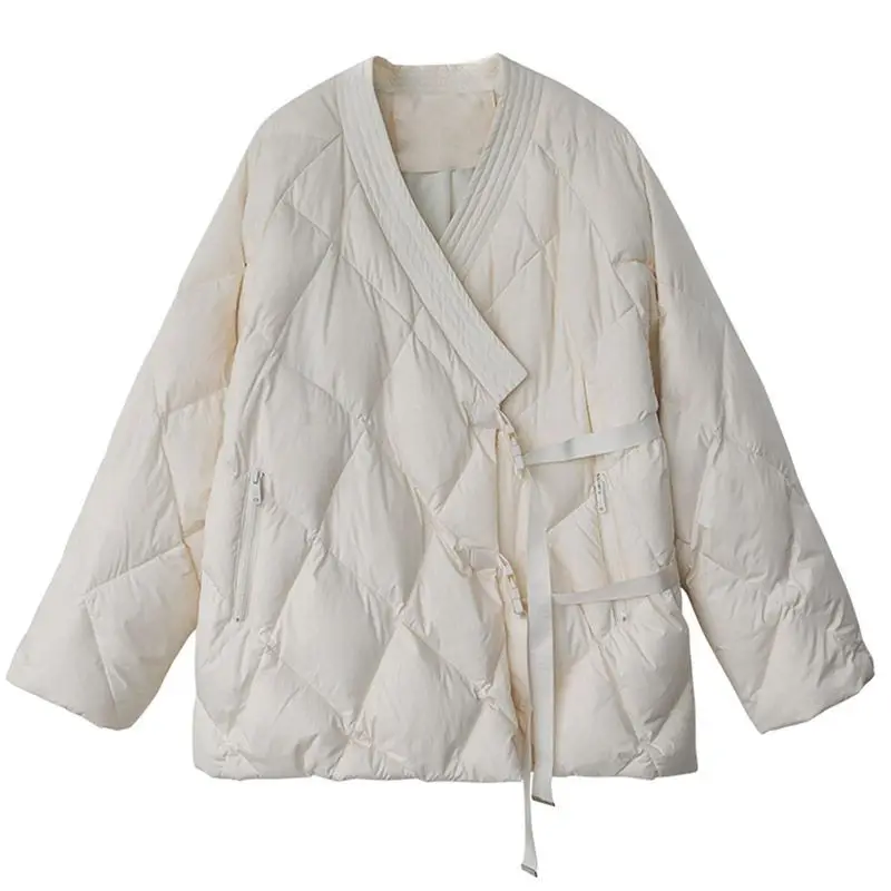 2023 New Winter Women Korean Style White Duck Down Jackets Fashion Casual Warm Loose Solid Long Sleeve Coats Clothing C77