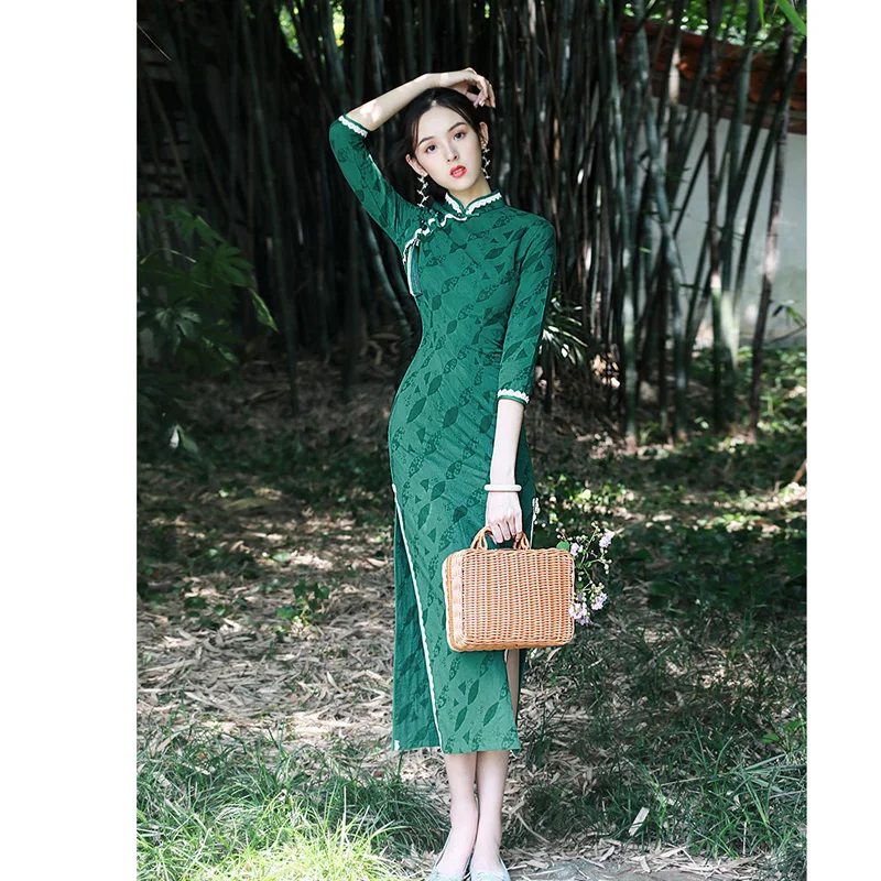 

Элегантное зеленое кружевное платье с воротником-стойкой Qipao, женские свадебные платья в китайском стиле для женщин, восточные платья невесты 2022
