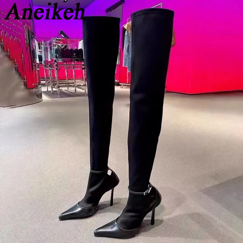 

Aneikeh 2024 Spring/Autumn Fashion Sexy Pointed Thin Heels Over-the-Knee Boots Women PU/Stretch Fabric Splicing Chelsea Boots