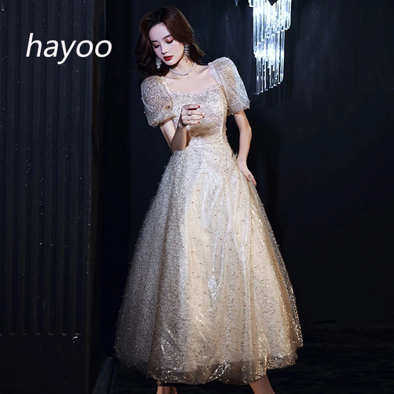 

Женское банкетное вечернее платье, элегантное французское светильник цвета шампанского с квадратным вырезом и бусинами