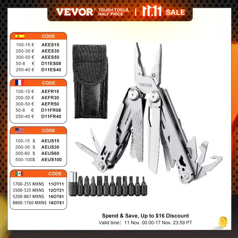 

VEVOR 16 17-In-1 Multitool Pliers Multi Tool Pliers Cutters Knife Scissors Ruler Screwdrivers Wood Saw, Can Bottle Opener