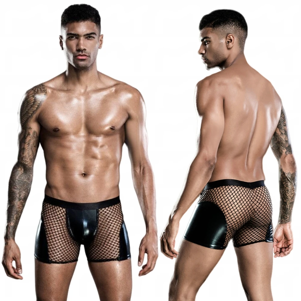 

Мужские трусы боксеры из лакированной кожи, черные трусы в сетку, сексуальное нижнее белье для мужчин, гей-трусы