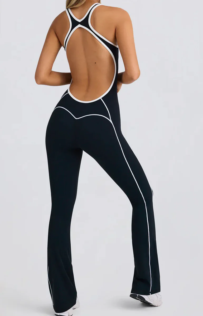 Новый комбинезон женский красивый с цветными блоками сзади телесный спортивный