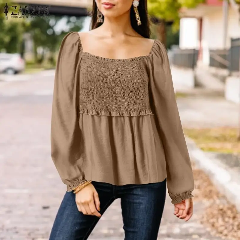 

Party Tunic Tops 2022 Women Casual Long Lantern Sleeve Blouse ZANZEA Vintage Square Neck Shirt Spring Smocking Ruffles Chemise