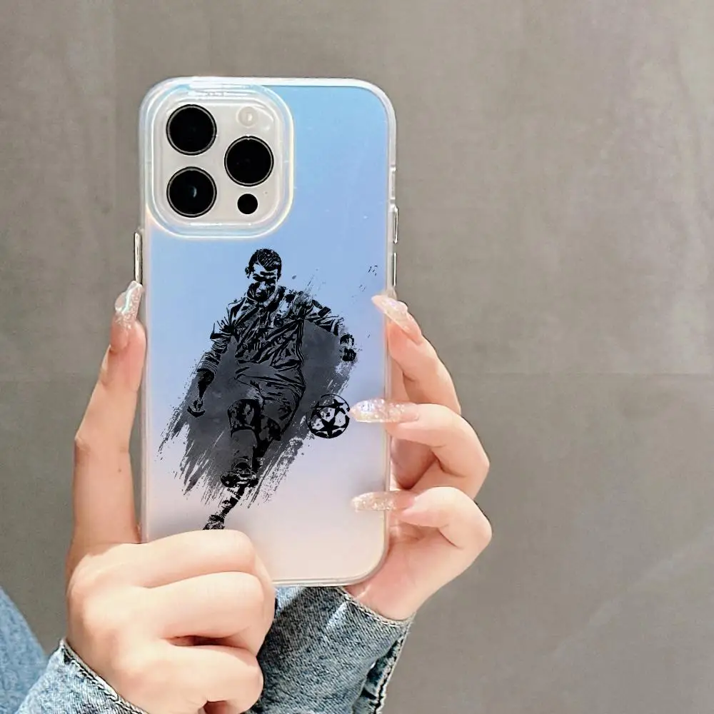 Фото Чехол для телефона CR7 Криштиану Роналду для iPhone 17 16 15 14 13 12 11 Pro Max Plus, прозрачный, с лазерным градиентом «Аврора» №3