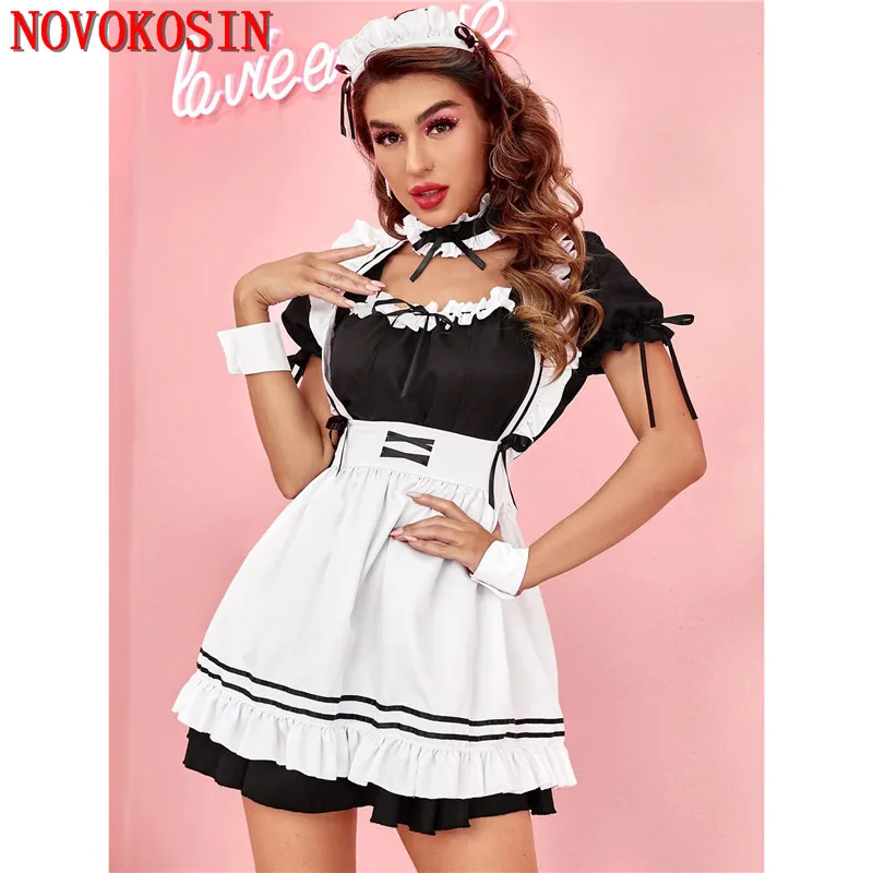 

S-XL Japan Maid Role-Playing Costume Short Sleeve Black Mini Dress With White Apron Hair Hoop Restaurant Servant Sexy Pinafore