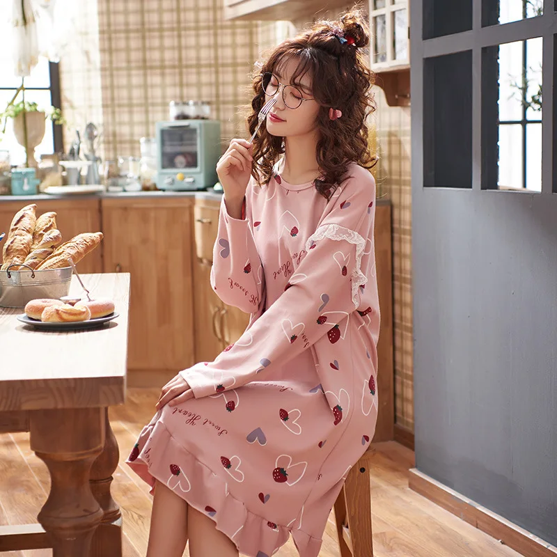 Spring and Autumn Ladies Nightdress Casual Long-sleeved Nightdress Home Service Sexy Nightwear Sleep Tops Sleepwear Women