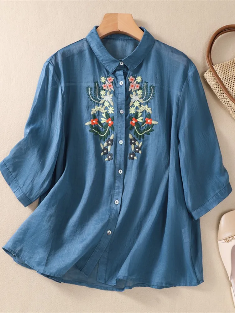 Женская хлопковая рубашка с цветочной вышивкой, универсальная Свободная рубашка в винтажном стиле, модель B2885 на лето, 2023