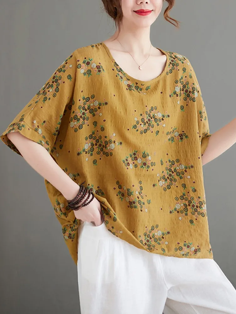 100% Cotton Women Casual T-shirts New Arrival 2022 Summer Vintage Style Floral Print Loose Female Short Sleeve Tops Tees B1660 |
