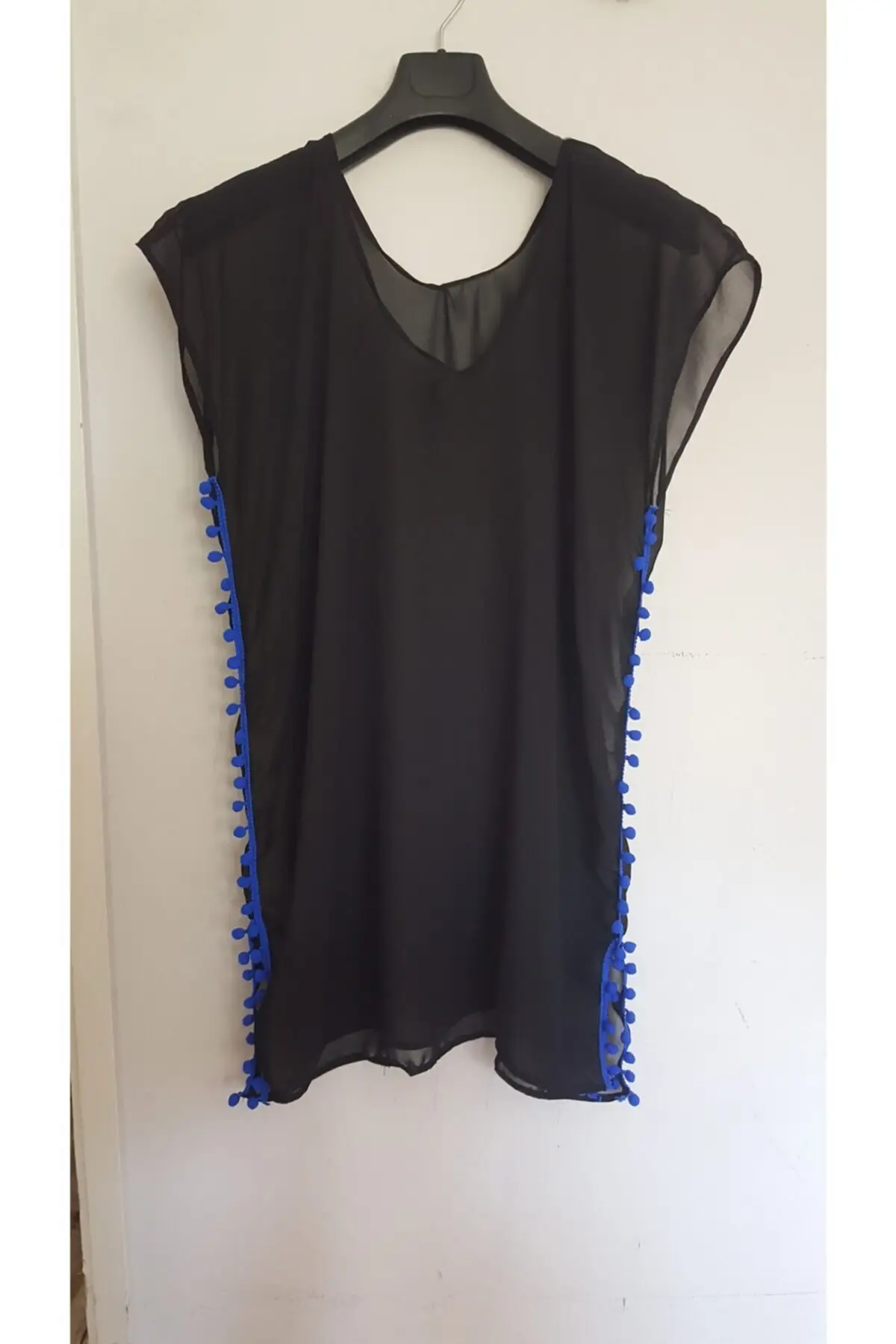 

Women's Pareo Black Sax Beach Wear With Pompom Swimwear Cover Dress Sexy Tunic Suit Beachwear Female Beach Bikini Cover