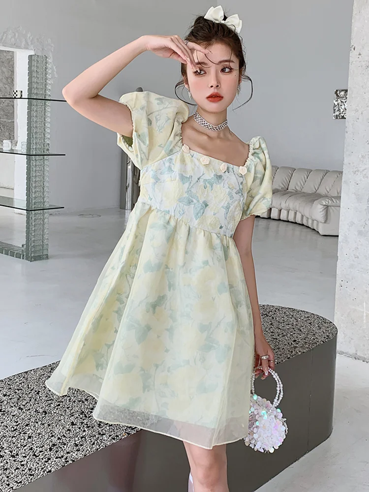 

Short Puff Sleeves Summer Dress For Women Floral Square Collar Double Layer Mesh Stitching Dresses Female Fashion B164