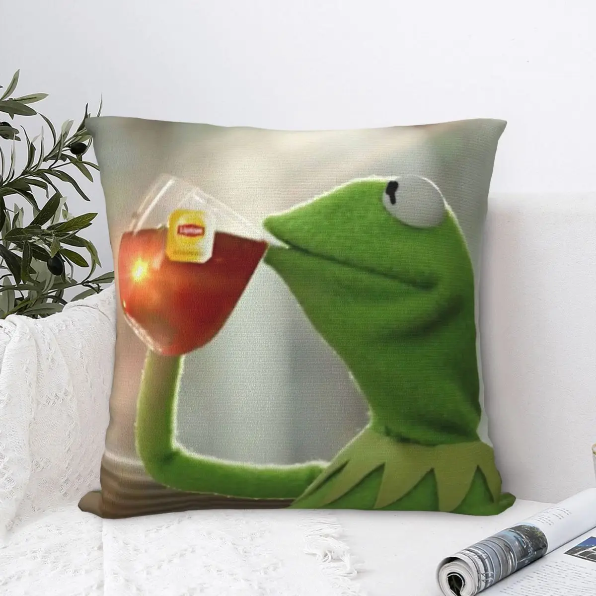 

Kermit Sipping Tea Cover Luxury With Zipper Back Cushion Case On The Pillow Sofa Cushions Cute Kids Room Cartoon Animation Funny