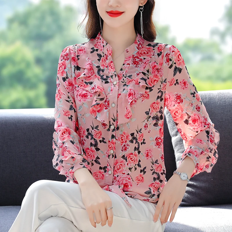 

COIGARSAM Shirt Womens Tops Spring 2022 New Fashion Print Chiffon Roses Women Shirts Dropshipping