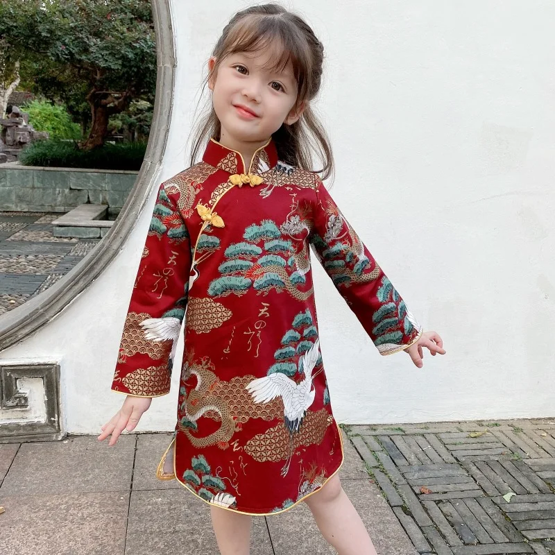 Vintage Chinese Traditional Embroidery Cheongsam For Girls Tang Suit New Year Dress Kids |