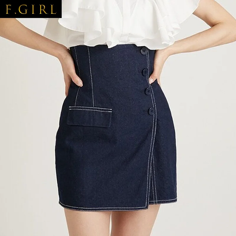 

F GIRLS New Arrival Japanese Mujer Faldas Summer Slit Denim Skirt High Waist Button Slim Culottes Solid Fashion Mini Jupes