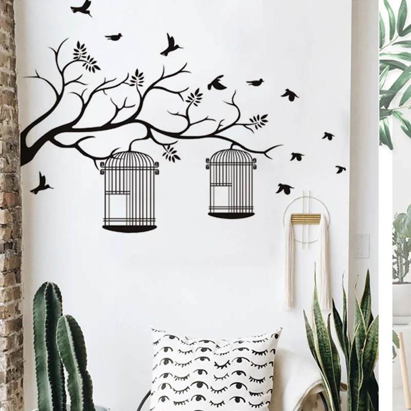 Декоративные самоклеющиеся винилы для стен черное дерево клетка птиц настенные