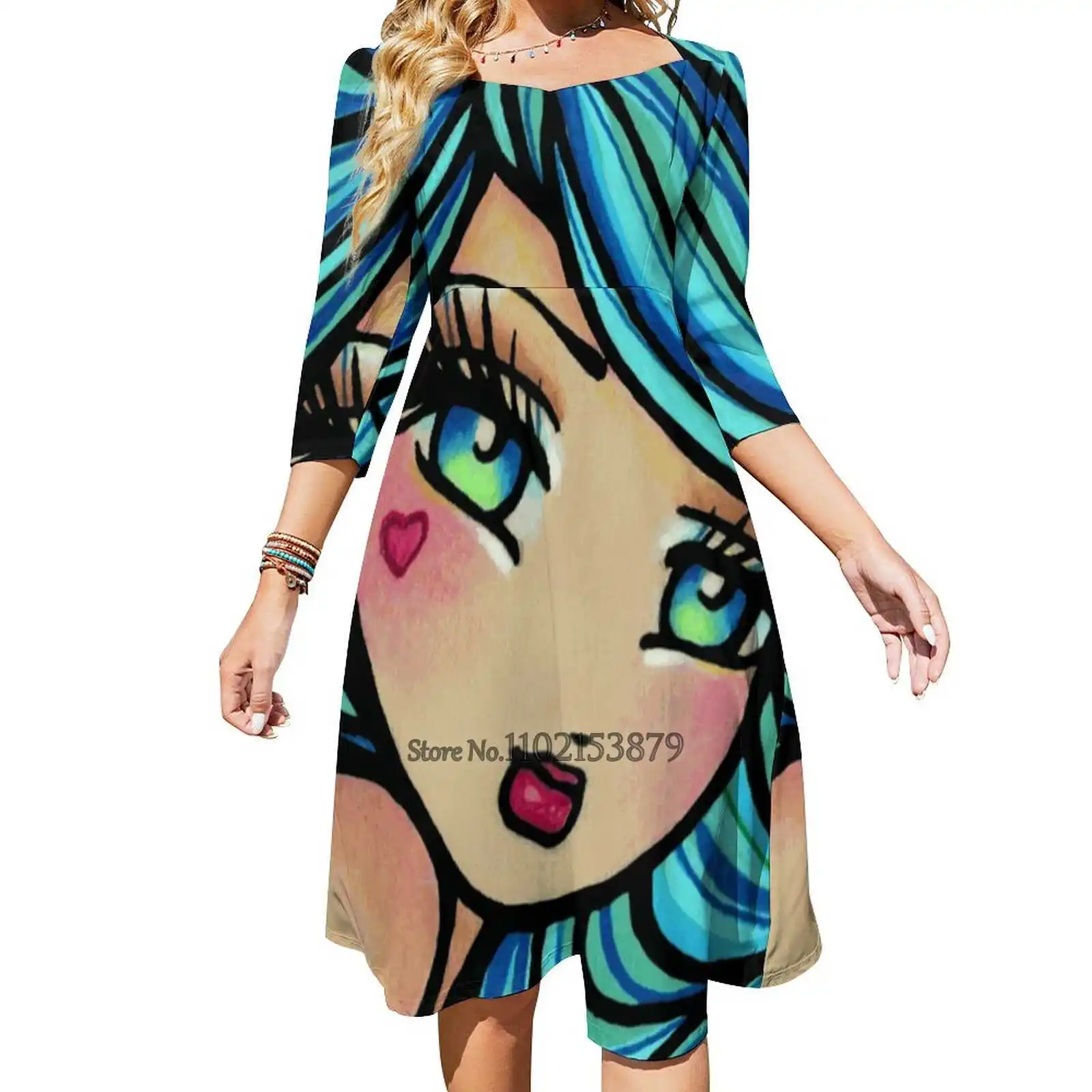 

Сказочное платье с голубыми волосами и ярким рисунком сказочного искусства, платье с квадратным вырезом, завязкой сзади, открытой спиной, э...