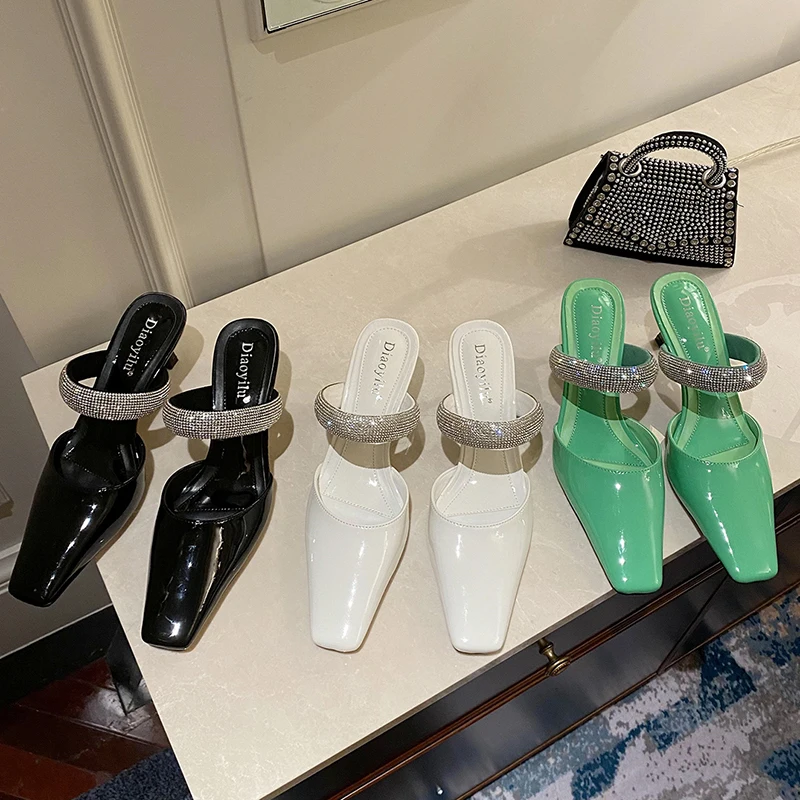 

2022 Women High Heels Mules Slides Female Rhinestones Heels Green Slippers Summer Sandals Platform Fetish Crystal Party Shoes
