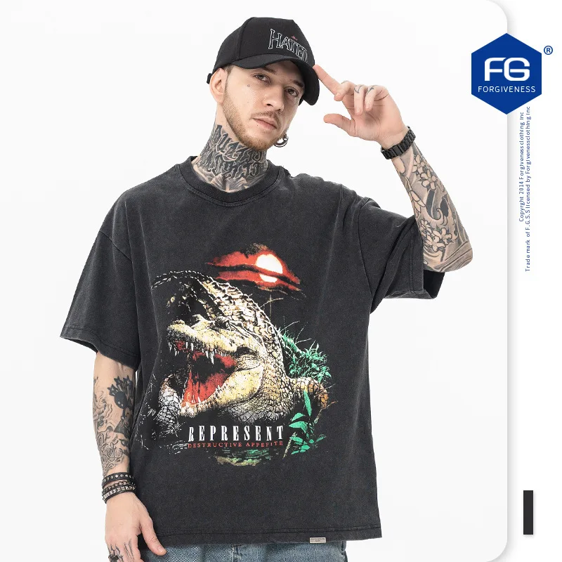 

2023 Spring Summer New Fashion Brand High Street Crocodile Crack Print Round Neck Retro Short Sleeve T-shirt