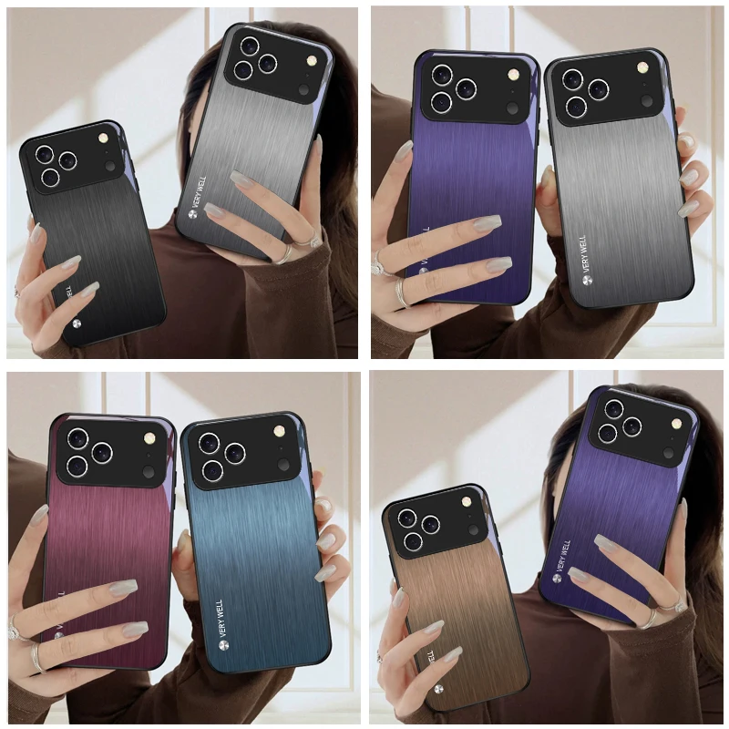 Фото Черный стеклянный чехол для iPhone 17 Pro Max, 16E, 15 Plus, 14 Pro, 13, 12 mini, 11 Air, XS Max, 5, 6, 7, 8 Plus, SE с эффектом минималистичной обработки металла №1