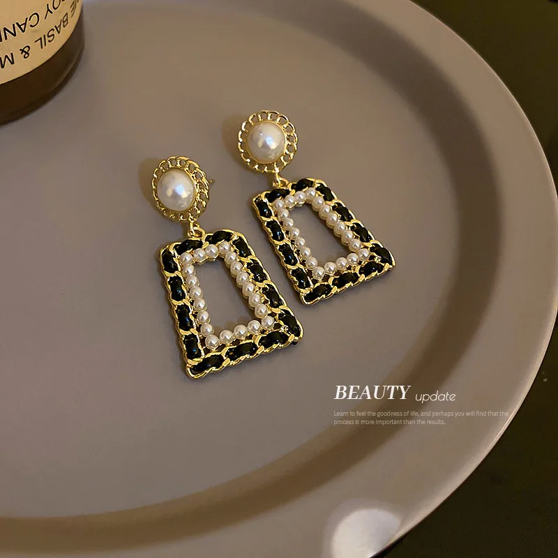 

S925 Vintage Geometric Leather Earrings for Women Statement Earring Korean Retro Black Pearl Fashion Jewelry Trendy Gift