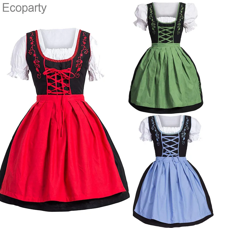 

2022Women Medieval Maid Costume Lace Up German Oktoberfest Dirndl Dress Apron Short Sleeve Cosplay Party Dress M-5XL plus size15