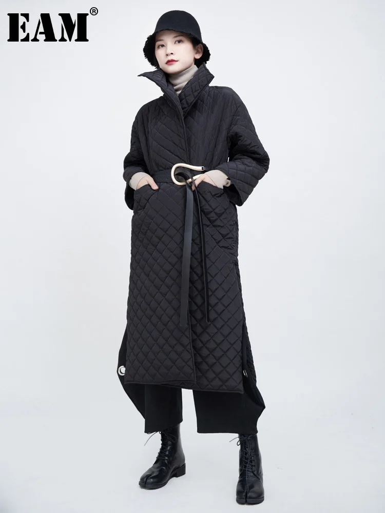 

[EAM] Black Big Size Long Cotton-padded Coat Long Sleeve Loose Fit Women Parkas Fashion Tide New Autumn Winter 2023 1DF4833