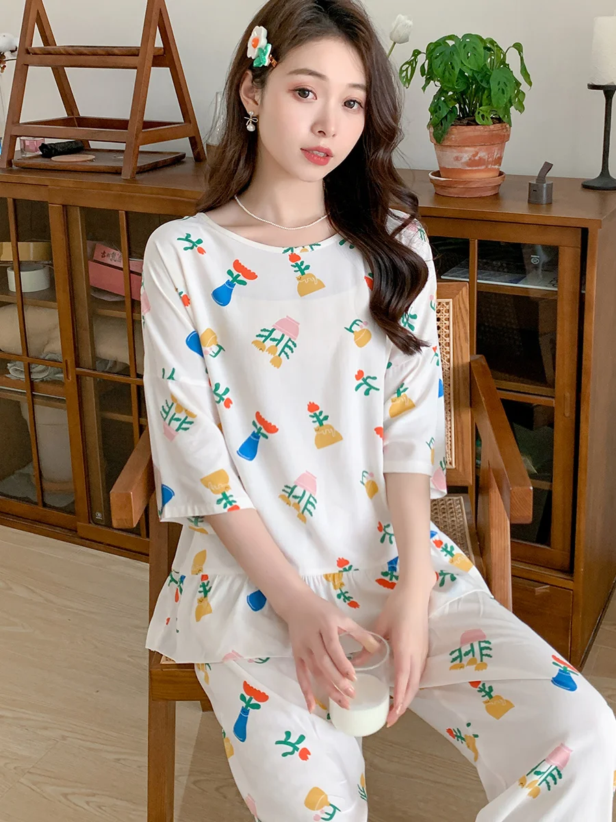 Летние женские пижамы с короткими рукавами из хлопка и шелка летние принцессы