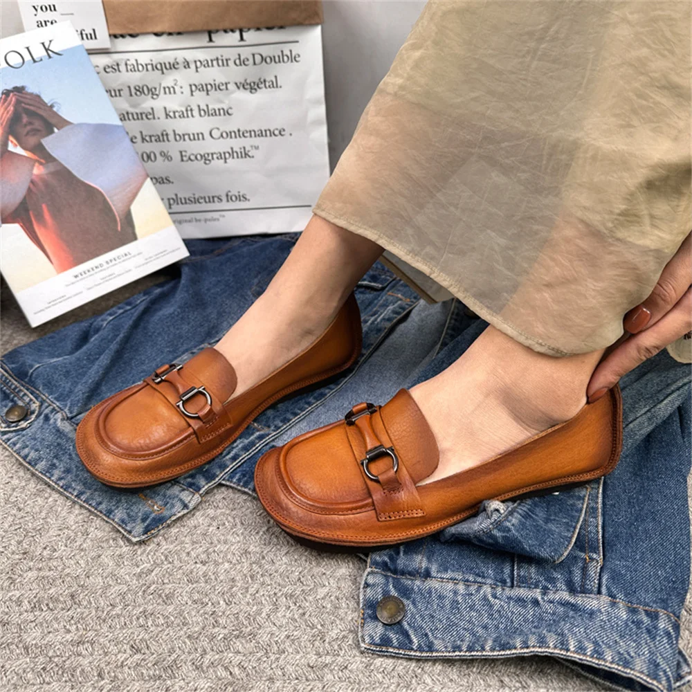 

Genuine Leather Flat Shoes Handmade Original Women Shoes Heels Plant Tanned British Retro Top Layer Cowhide Women's Single Shoes