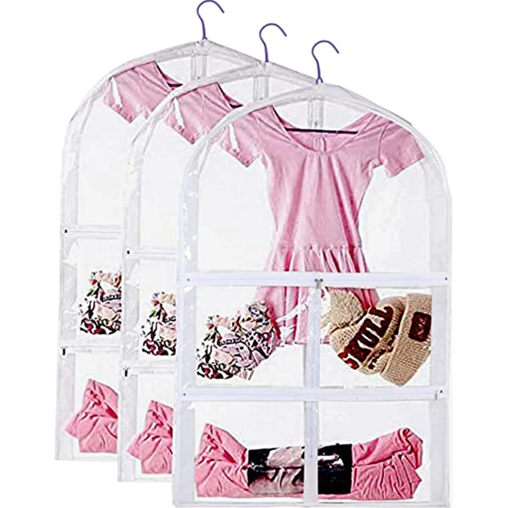 Dance Garment Bags for Dancers Transparent Storage Clear Bag with 4 Zippered Pockets PVC Garment Covers for Kids Dance Clothes