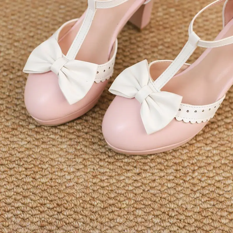 REAVE CAT Sweet Mary Janes Женские туфли-лодочки на массивном каблуке 9 см на платформе 2 см с Т-образным ремешком и бантом Большой размер 46 47 48 Туфли в стиле Лолита (art.: 3920cfd4d7bb6) - 3920cfd4d7bb6